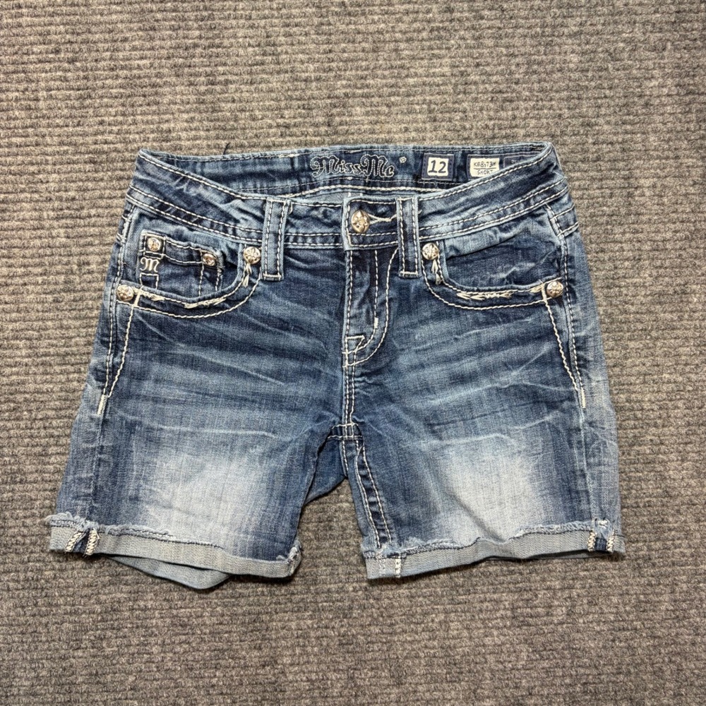 Miss Me Girls Size 12 Denim Shorts Blue Embellished Flap Pocket KE8673H Short